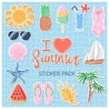 I love summer. Hand drawn summer sticker pack with different seasonal elements. Tropical vacation. Summertime doodle icons Royalty Free Stock Photo
