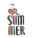 I love summer inscription with palm, heart, Multicolored lettering illustration. Doodle style brushes. Hand drawn sketch