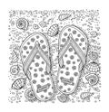 I love summer. Sea beach. Slippers, sand and shell. Hand drawn flip-flop sandal