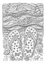 I love summer. Sea beach. Slippers, sand and shell. Hand drawn flip-flop sandal