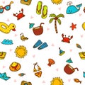 I love summer. Seamless summer pattern with hand drawn beach icons. Vector beach background. Summer print