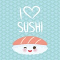 I love sushi. Kawaii funny Maguro Toro Sushi with pink cheeks and big eyes, emoji. Baby blue background with japanese circle patte Royalty Free Stock Photo