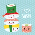 I love sushi. Kawaii funny sushi set with pink cheeks and big eyes, emoji. Blue background with japanese circle pattern. Vector