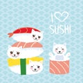 I love sushi. Kawaii funny Sushi set and white cute cat with pink cheeks and eyes, emoji. Baby blue background with japanese circl Royalty Free Stock Photo