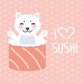 I love sushi. Kawaii funny sushi rolls and white cute cat with pink cheeks and eyes, emoji. Pink background with japanese circle p