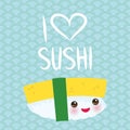 I love sushi. Kawaii funny Tamago Sushi Sweet Egg with pink cheeks and big eyes, emoji. Baby blue background with japanese circle Royalty Free Stock Photo