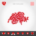 I Love Switzerland. Red Hearts Pattern Vector Map of Switzerland. Love Icon Set