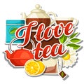 I love tea. Background with tea and accessories, packs and kettles Royalty Free Stock Photo