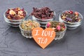 I love tea composition with assorted teas. Royalty Free Stock Photo