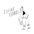 I love tennis lettering with a girl tennis player in sportswear with a racket and a ball.