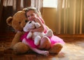 I love them so much. Shot of a little girl hugging her stuffed animals. Royalty Free Stock Photo