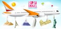 I Love to Travel Text with Flying Airplane with Hanging Vector Famous Landmarks