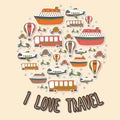 I love travel. Cartoon transport in the circle shape. Vector set