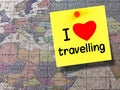 I love travelling sticky note on cork map world