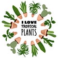 I love tropical plants cartoon style postcard, cute wreath ornament design. Set of hygge potted succulent plants. Cozy lagom