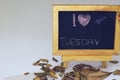 I love Tuesday written on a chalkboard. Autumn seasonal flat lay photo on White background