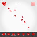 I Love Tuvalu. Red Hearts Pattern Vector Map of Tuvalu. Love Icon Set