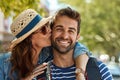 I love two things travel and you. Portrait of a happy tourist couple enjoying the sunshine in a foreign city.