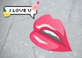 I love u text in speech bubble with hearts with pink lips on pixelated grey background