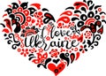 I love Ukraine lettering and heart in red and black transparent ethnical pattern