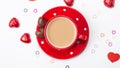 I love Valentine`s Day, it`s beautiful. Morning coffee, chocolate hearts on a white background Royalty Free Stock Photo