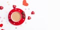 I love Valentine`s Day, it`s beautiful. Morning coffee, chocolate hearts on a white background Royalty Free Stock Photo