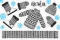 I love Winter Knitwear. Sweater, hat, mitten, boot, scarf with patterns, snowflakes. Winter sale shopping concept to Royalty Free Stock Photo