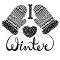 I love winter text and knitted woolen mittens heart. Seasonal shopping concept design for the banner or label.