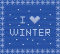 I love winter white knit lettering on blue knitted textile background Royalty Free Stock Photo