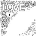 I love you. Abstract background made of flowers, keys and loc, butterflies, and the word love. Royalty Free Stock Photo