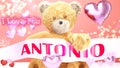 I love you Antonio - teddy bear on a wedding, Valentine`s or just to say I love you pink celebration card, sweet, happy party