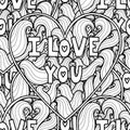 I Love You black and white seamless pattern for coloring book. Heart mandala outline background