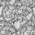 I Love You black and white seamless pattern for coloring book. Heart mandala outline background