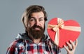 I love you. boxing day concept. valentines day present. be my valentine. brutal mature hipster hold heart box. perfect Royalty Free Stock Photo