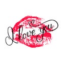 I love you calligraphy lettering with red lipstick kiss isolated on white. Imprint of the lips. Vector template for Valentine s Royalty Free Stock Photo