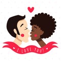 I love you card and background with kissing couple (brunette young man and African American young woman) Royalty Free Stock Photo