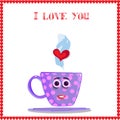 I love you card with cute lilac mug with girl`s face Royalty Free Stock Photo