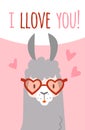 I love you card. Cute llama in heart glasses. Funny alpaca character