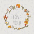 I Love You Card. Cute Retro Vector Card With Flowers. Vintage Floral Background With Plants