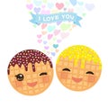 I love you Card design with hearts Kawaii Belgium waffles with pink cheeks and winking eyes, pastel colors on white background. Ve