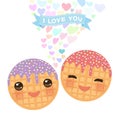 I love you Card design with hearts Kawaii Belgium waffles with pink cheeks and winking eyes, pastel colors on white background. Ve