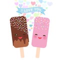 I love you Card design with Kawaii chocolate and strawberry Ice cream, ice lolly with pink cheeks and winking eyes, pastel colors Royalty Free Stock Photo