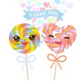 I love you Card design with Kawaii Heart shaped candy lollipop with pink cheeks and winking eyes, pastel colors on white backgroun