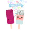 I love you Card design with Kawaii mint, raspberry and pomegranate Ice cream, ice lolly with pink cheeks and winking eyes, pastel