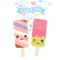 I love you Card design with Kawaii striped and strawberry-pistachio Ice cream, ice lolly with pink cheeks and winking eyes, pastel Royalty Free Stock Photo