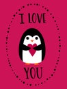 I love you card for Happy Valentines Day. Cute penguin holding heart on crimson background. Hand drawn words.