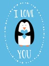 I love you card for Happy Valentines Day. Cute penguin holding heart. Hand drawn words.