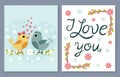 I Love You Card Set With Cute Birds And Flowers