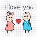 I love you, card for Valentine`s Day February 14th. Cartoon lovers boy and girl with heart Royalty Free Stock Photo