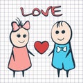 I love you, card for Valentine`s Day February 14th. Cartoon lovers boy and girl with heart Royalty Free Stock Photo